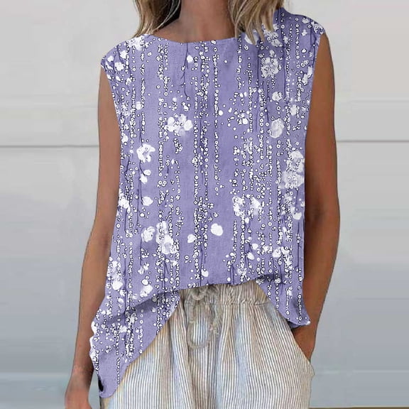 Womens Tops Sleeveless Round Neck Floral Printed Casual Tank Top Purple M