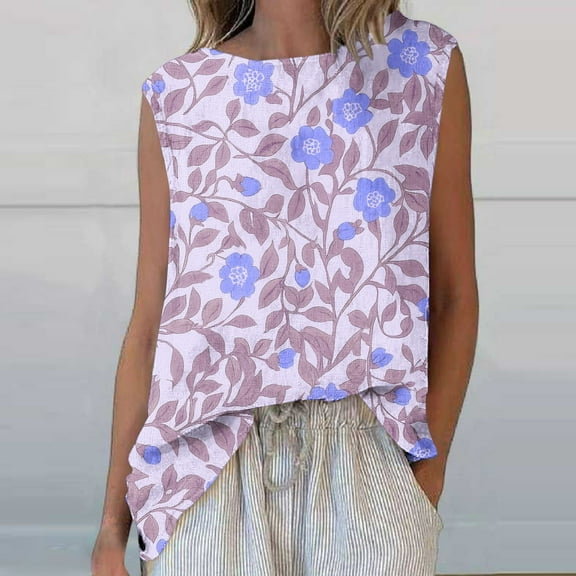 Womens Tops Sleeveless Round Neck Floral Printed Casual Tank Top Purple M