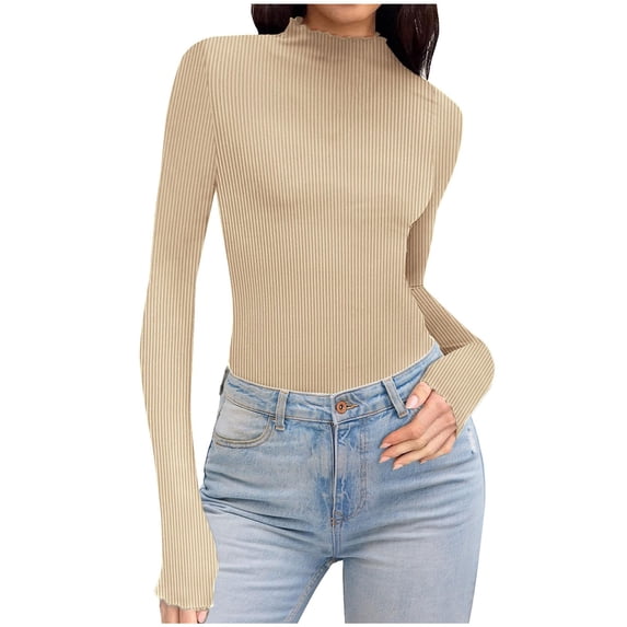 Womens Tops Slim Fit Long Sleeve High Neck Fashion Ribbed Knit Y2K Tee Shirts Casual Solid Color Tshirts T-shirt (2XL, Beige)