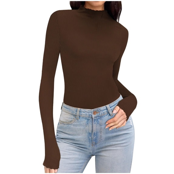 Womens Tops Slim Fit Long Sleeve High Neck Fashion Ribbed Knit Y2K Tee Shirts Casual Solid Color Tshirts T-shirt (S, Coffee)