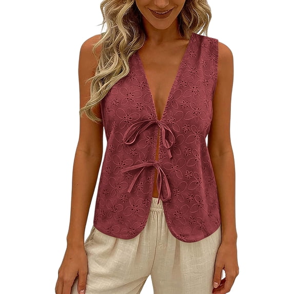 Womens Tops Solid Color Deep V-Neck Tank Top with Floral Cutout and Tie-Front Detail Boho Style Elegant Minimalist Casual Daily Wear Business Versatile