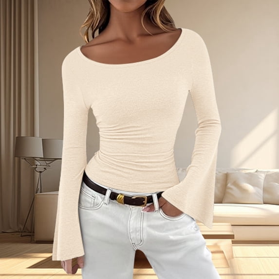Womens Tops Solid Color Fashion Shirts Long Bell Sleeve Dressy Casual Boat Neck Blouses