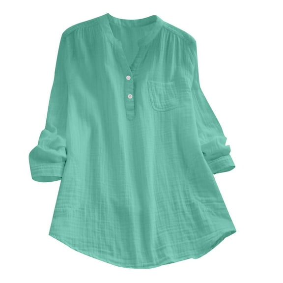 Womens Tops Solid Color Long Sleeved Button Down V Neck Shirt Loose Fit
