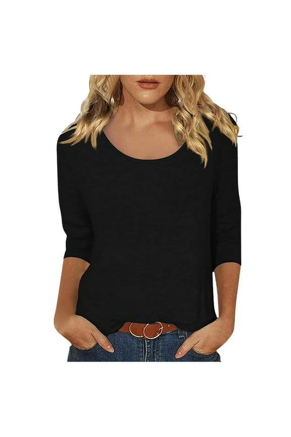 Womens Tops Solid Color Print Neck Low Cut 3/4 Sleeve Petite Tops for Women,Black,M