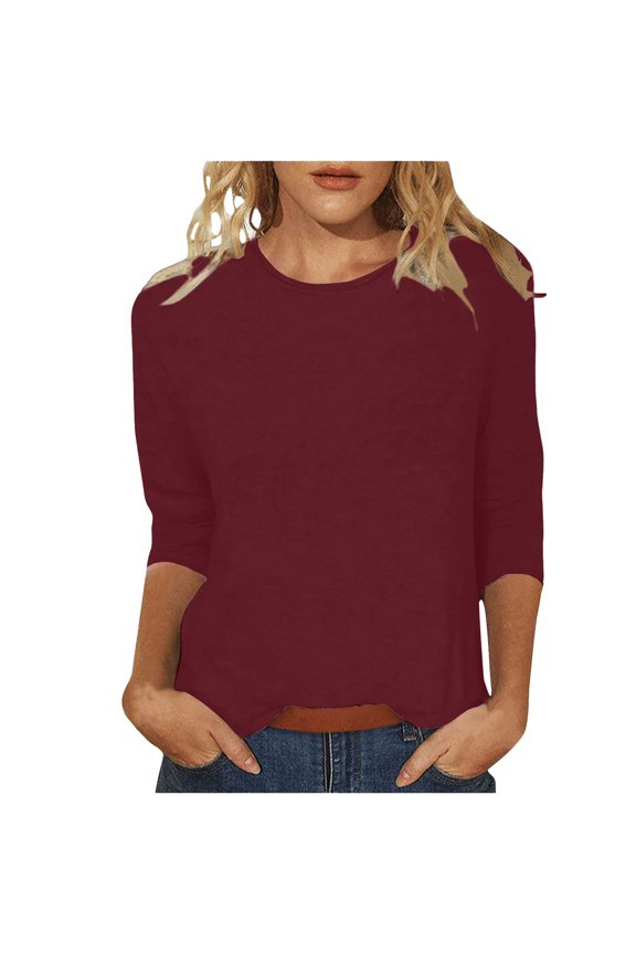 Womens Tops Solid Color Round Neck Slim Seven Point Sleeve T Shirt Top Blouses For Women