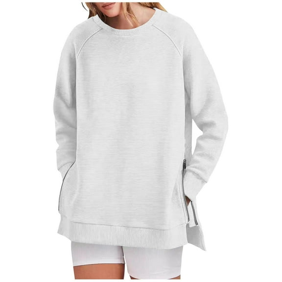 Womens Tops Solid Color Side Zipper Round Neck Long-sleeved Pullover Loose Casual Sweatshirt,Tops for Women White