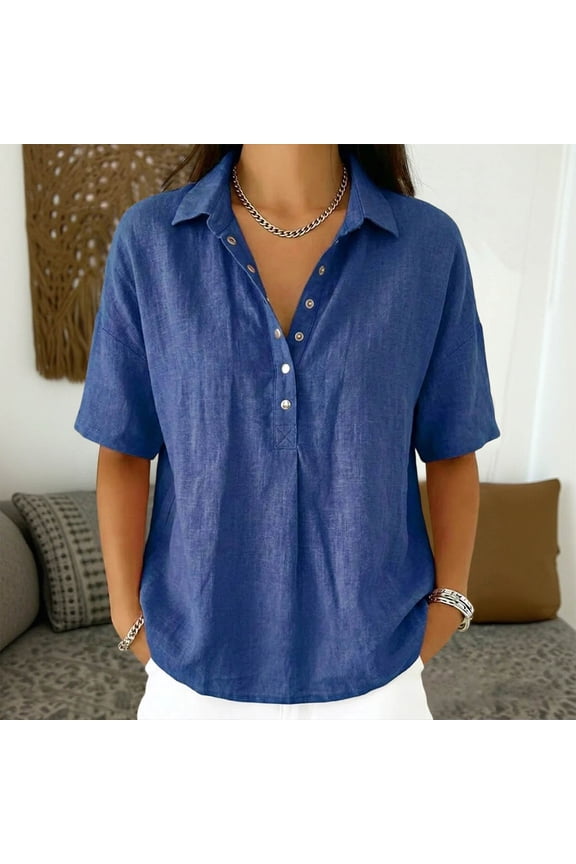 Womens Tops Solid Color Snap Button Collared 3/4 Sleeve Blouses Casual Loose Summer Ruffle Cotton Linen Tops,Sizes S-2XL