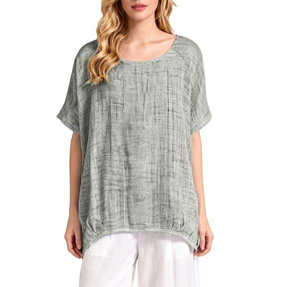 Womens Tops Solid Linen Short Sleeve Summer Loose Casual Beach Trendy Tops