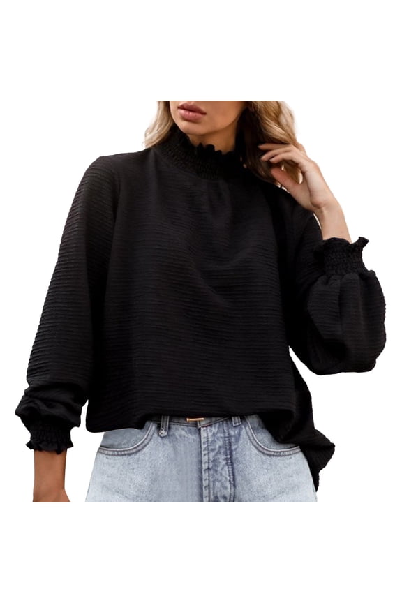 Womens Tops Solid Ruffle Hem Mock Neck Puff Sleeve Blouse Top Blouses For Women