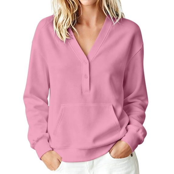 Womens Tops Spring/Fall No-Hood Button-Down V-Neck Pocket Long-Sleeve Sweatshirt