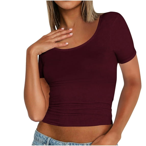 Womens Tops Spring Solid Color Casual Short-sleeved T-shirt Short Top Short-sleeved Crewneck Top/shirt Summer Blouses Wine M
