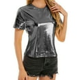 thumbnail image 1 of Womens Tops Spring Summer Metallic Glossy Round Neck Loose Casual T Shirt Nylon & Spandex Casual Design Pair With Jeans & Leggings Cold Water Wash Package Size: 20X15X2Cm 2Xl Shirts for Women, 1 of 5