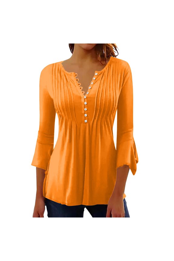 Womens Tops Spring and Summer Three Quarter Bell Sleeve V Neck Pressed Pleated Solid Color Button T Shirt Fashion