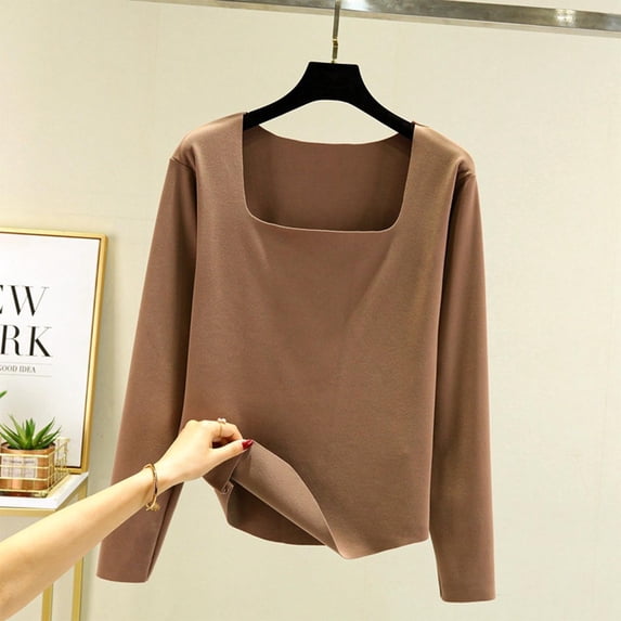Womens Tops Square Neck Long Sleeve Top Soft Brushed Fitted Base Layer Tee for Home & Leisure