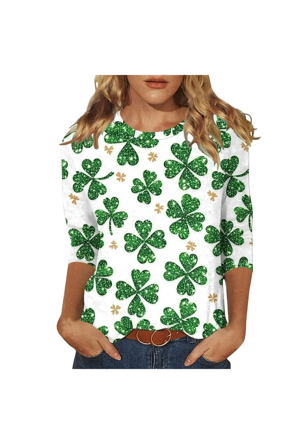 Womens Tops St. Patrick'S Day Printed Loose O Neck 3/4 Sleeve Comfort Compression Shirt Women,Green,M