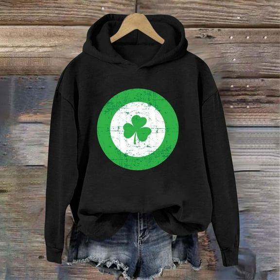 Womens Tops St. Patrick's Day Round Neck Long Sleeved Casual Printed Loose Hooded Sweatshirts Black 2XL
