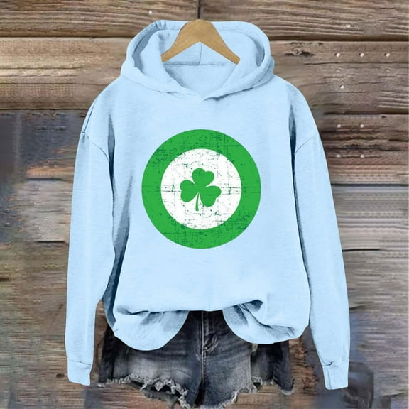 Womens Tops St. Patrick's Day Round Neck Long Sleeved Casual Printed Loose Hooded Sweatshirts Light Blue M