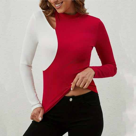 Womens Tops Stand-up Collar Bottom Color Block Shirt Long Sleeve Bottom Long Sleeve Top Wine M,Blouse for Women