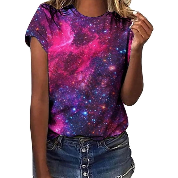 Womens Tops Starry Galaxy Shirt 3D Galaxy Print Glitter Summer Shirt Round Neck Short Sleeve Carnival Outfit Polyester & Spandex Soft Lightweight Unique Gift for Family 3Xl Shirts for Women