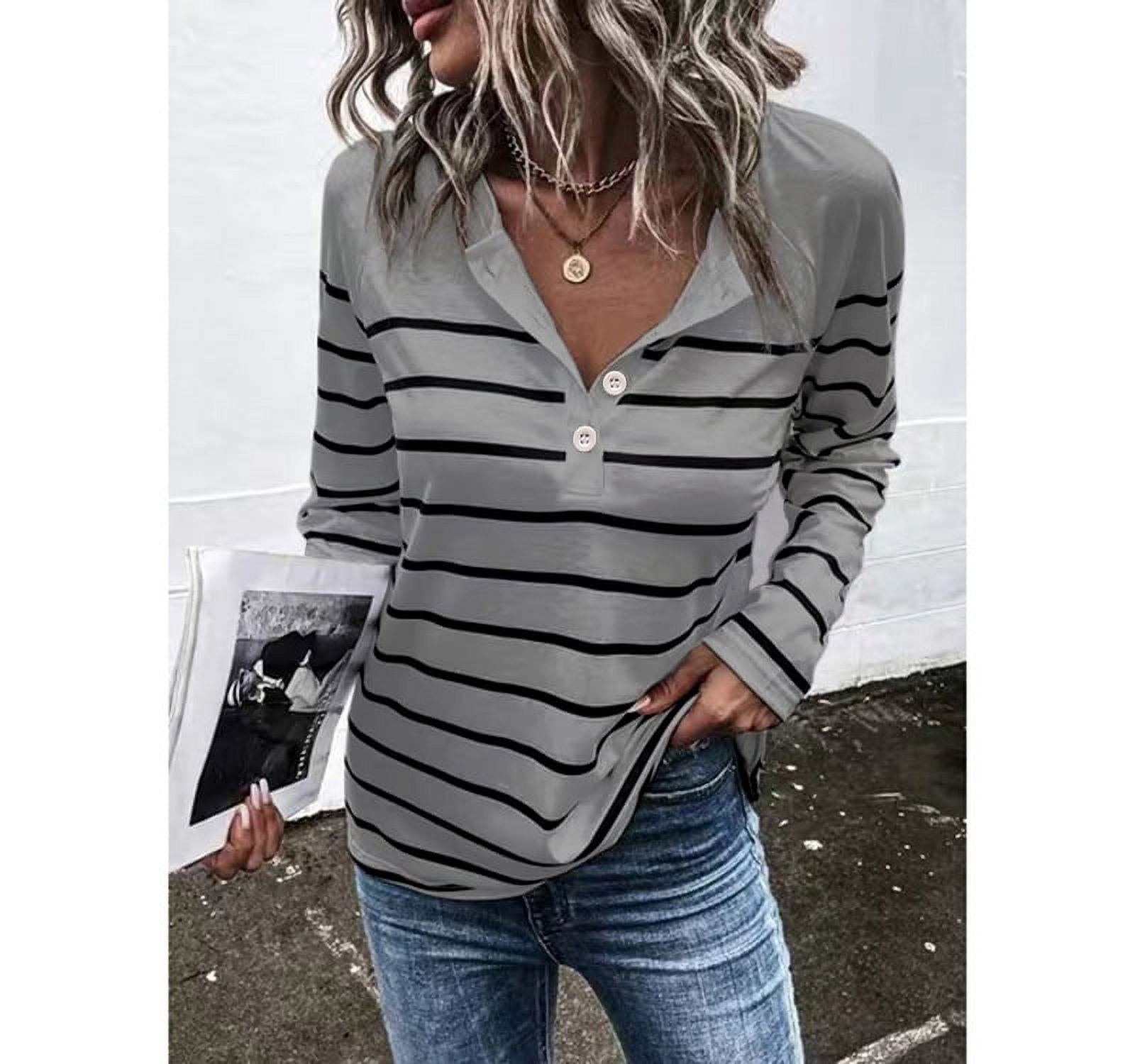 Womens Tops Striped Button Long Sleeve Round Neck Casual Slit