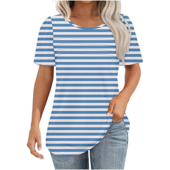 Womens Tops Striped Colorblock Tunic Shirts Summer Trendy Clothes Pleated Crewneck Short Sleeve Tee
