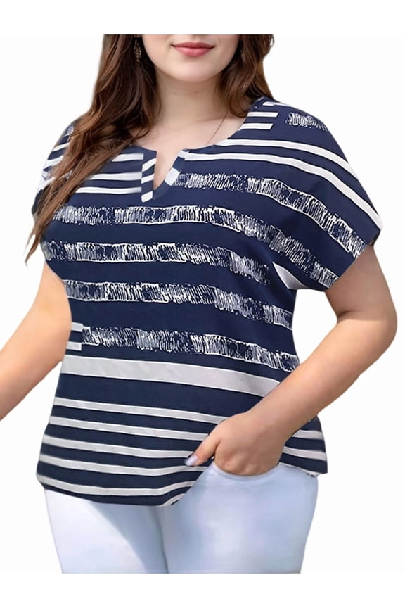 Womens Tops Striped & Graphic Print Batwing Sleeve Blouse Dark Blue XXXL