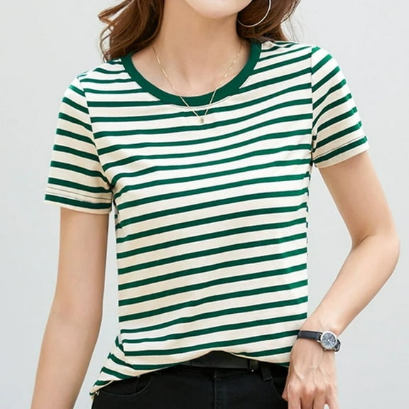 Womens Tops Striped Printed Crew Neck Loose Fit T-Shirts Trendy Vacation Short Sleeve Fashion Casual Blouses