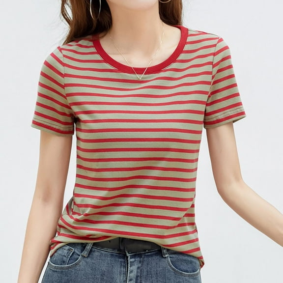 Womens Tops Striped Printed Crew Neck Loose Fit T-Shirts Trendy Vacation Short Sleeve Fashion Casual Blouses