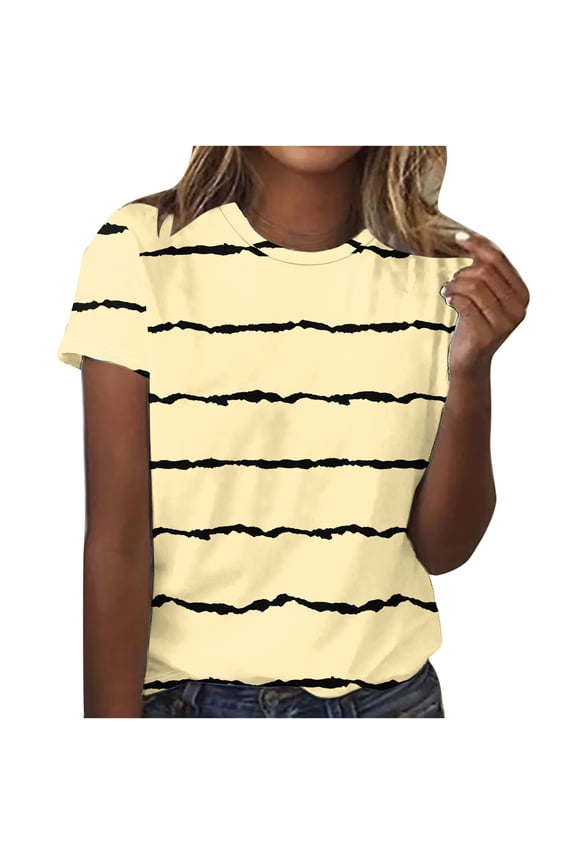 Womens Tops Stripes Print Soft Cotton Short Sleeve Round Neck Tunic Top Summer Casual Loose Shirts