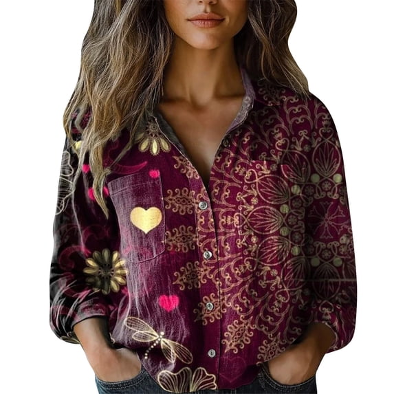 Womens Tops Stylish Print Long Sleeve Cotton Button Blouse Spring Summer Shirts for Women Purple 5Xl