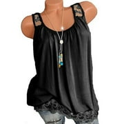 KAGETOLYTAI Womens Tops Summer 2022 Sleeveless Casual Solid Color O-Neck Lace Hem T-Shirt Tops Blouse Tank Top for Women Plus Size Tops for Women Black Polyester S