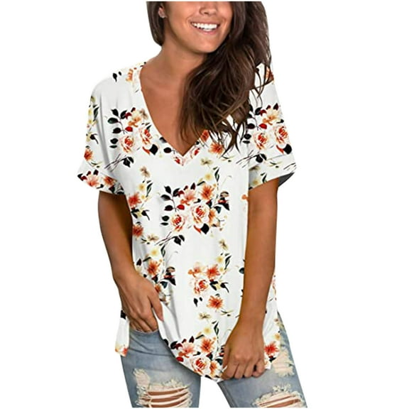 Womens Tops Summer 2022,Women's Floral V Neck Short Sleeve T Shirts Summer Casual Basic Tops Loose Blouse T Shirt Tunic Tops