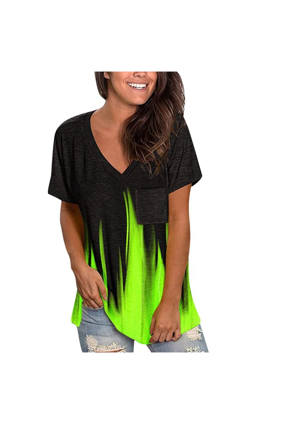 Womens Tops Summer 2022,Women's Shirts V-Neck Summer Tops T Shirt Short Sleeve Color Block Flame Printing Loose Fit Tunic Blouses