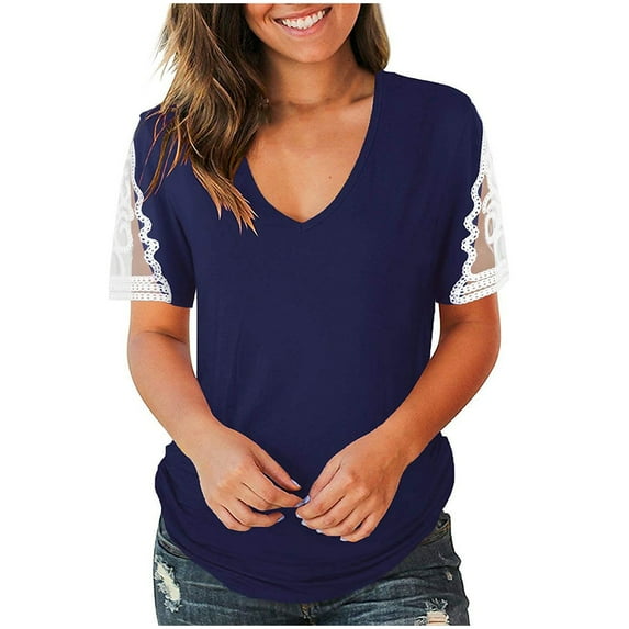 Womens Tops Summer 2022,Women's Summer Tunic Tops V Neck Short Sleeve Shirts Lace Solid Casual Summer T-Shirt Blouses