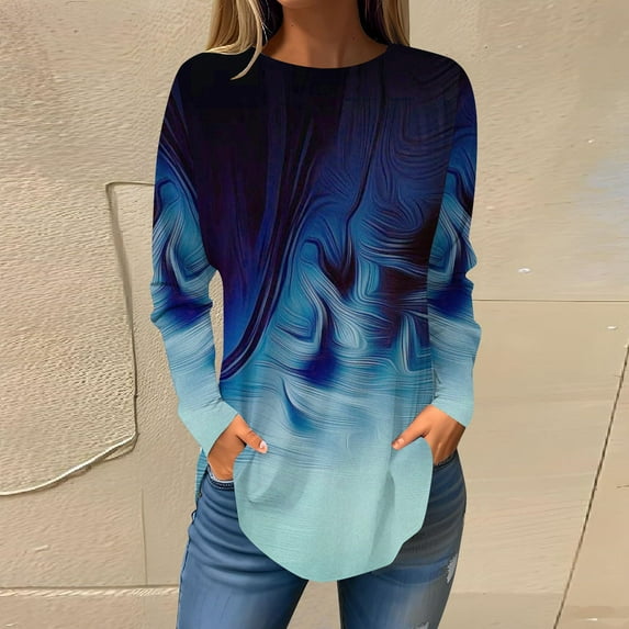 Womens Tops Summer 2024 Fashion Casual Long Sleeve Round Neck Pullover Loose Blouse Ethnic Style Retro Printed Shirts Tops Gift for Women Up to 65% off