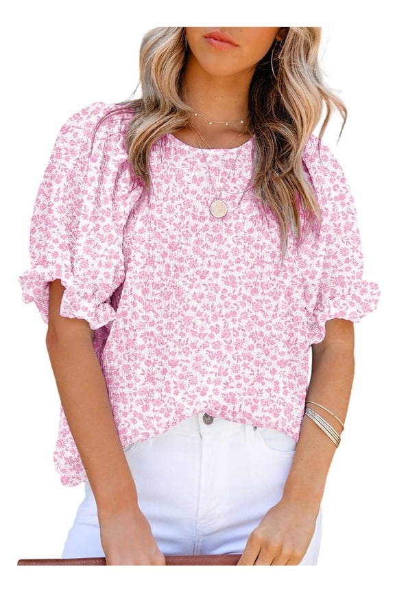Womens Tops Summer Blouses and Tops Casual Floral Print Crewneck Flowy Smocked Puff Short Sleeve Shirt Stylish Loose Babydoll Blouse Elegant Solid Shirts Top for Teen Girls Juniors Large Pink