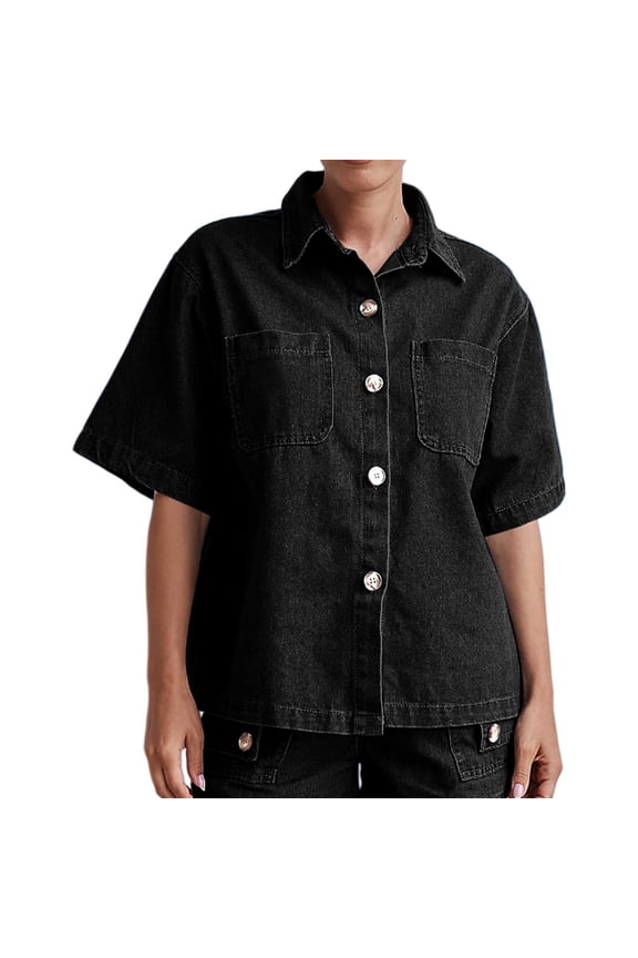 Womens Tops Summer Button Collar Cropped Short Sleeve Denim Shacket Womens Jean Tops Black L