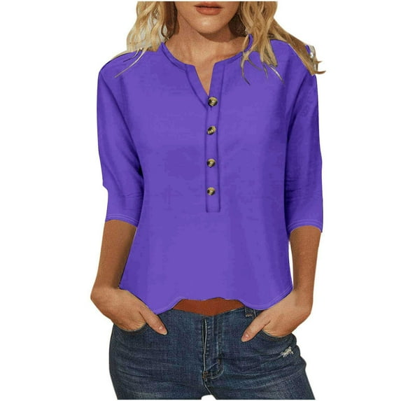 Womens Tops Summer Casual Cotton 3/4 Sleeve Tunic Tops V-Neck Button Down Blouse Henley Shirts Solid/Print Basic Daily Tees Holiday Lounge Pullover Elegant Ladies Tops