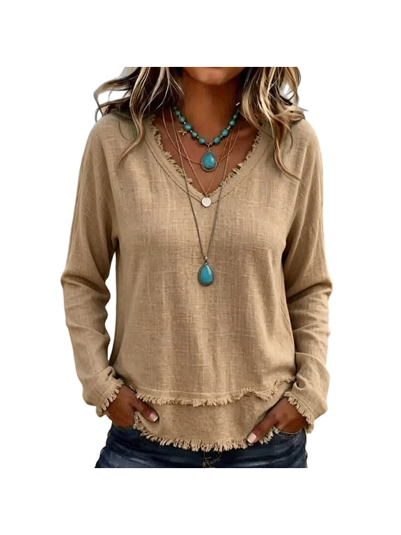 Womens Tops Summer Casual Fringe Distressed V Neck Shirts Long Sleeve Fringe Cotton Linen Blouses Raw Edge Hem Black L