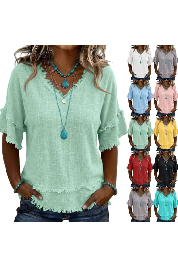 Womens Tops Summer Casual Fringe Distressed V Neck Shirts Short Sleeve Fringe Cotton Linen Blouses Edge Hem Green 2XL
