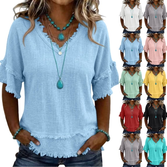 Womens Tops Summer Casual Fringe Distressed V Neck Shirts Short Sleeve Fringe Cotton Linen Blouses Edge Hem Sky Blue M