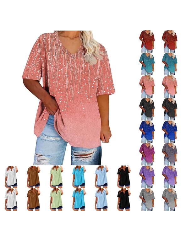 Womens Tops Summer Casual Plus Size Blouses Short Sleeve V-Neck Fashion Gradient Print Loose Fit Shirts Clothes