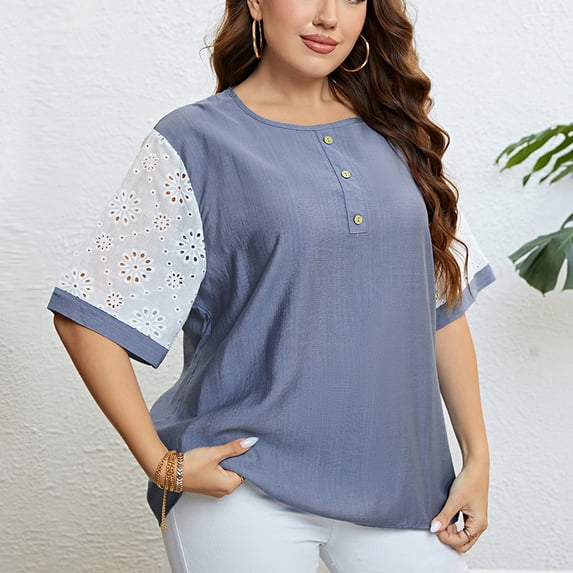 Tbopshirt Womens Tops,Women Casual T-shirt Plus Size Buttons Round Neck Short Sleeve Pullover Blouse Tops