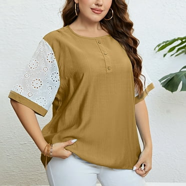 Womens Tops, Summer Clearance Women Casual T-shirt Plus Size Buttons Round Neck Short Sleeve Pullover Blouse Tops