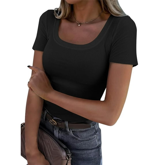 Womens Tops Summer Crew Neck Short Sleeve Shirts Ribbed Knit Slim Fitted Tshirt Casual Tees Clothing