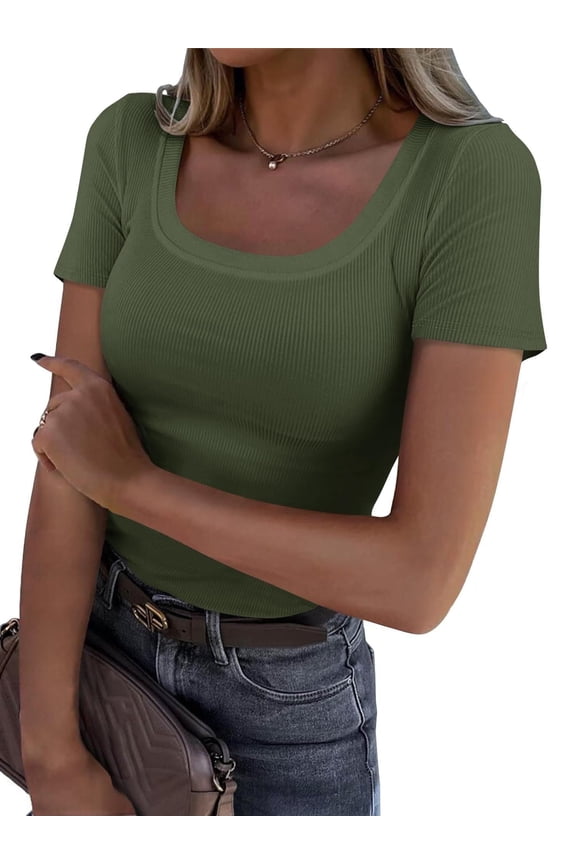 Womens Tops Summer Crew Neck Short Sleeve Shirts Ribbed Knit Slim Fitted Tshirt Casual Tees Clothing