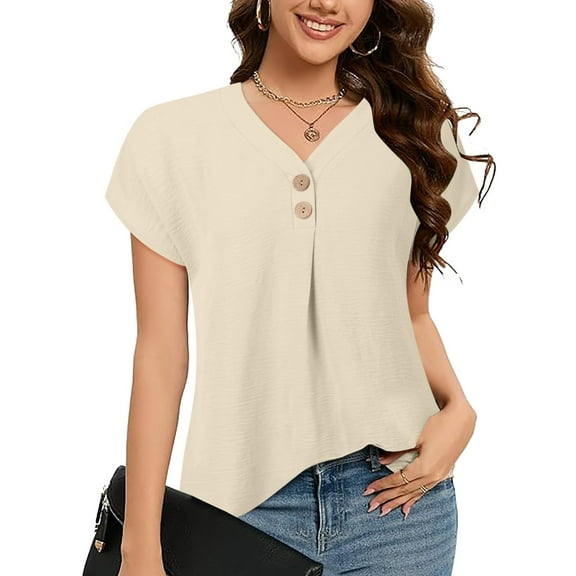 Womens Tops Summer Dressy Casual Shirts Short Sleeve V Neck Blouses Business Work Tshirts Button up Shirt for Women Long Sleeve Knit Half Sleeve Women Shirt Women Tops Summer Extended Shirt for Women