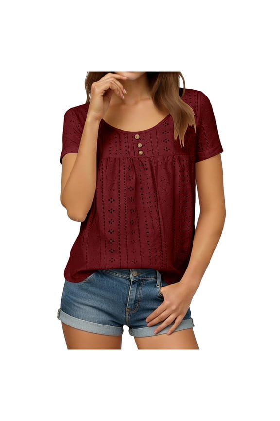 Womens Tops Summer Eyelet Scoop Neck Button Short Sleeve Tunic Tops Ruched Dressy Casual Travel Tops Trendy