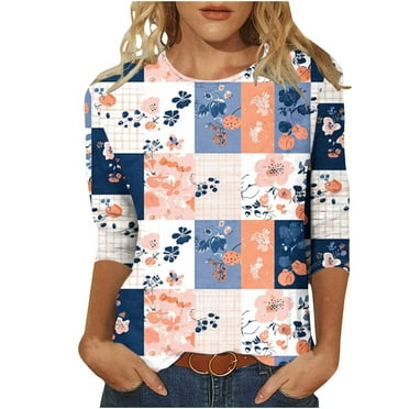Womens Tops Summer Fall 3/4 Sleeve Casual Loose Fitting Graphic T-Shirt Round Neck Vintage Floral Print Painted Graphic Tunic Tees Tops,Multicolor 2,L