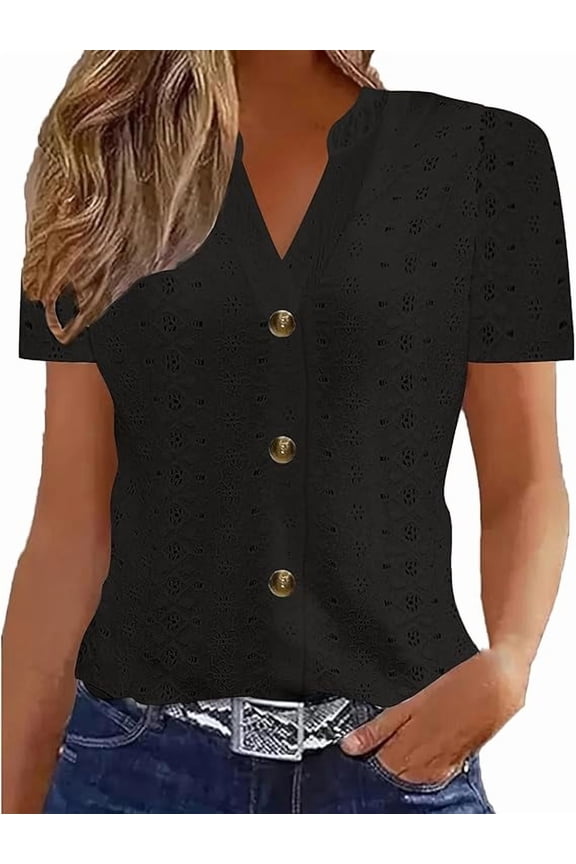 Womens Tops Summer Hollow Out Eyelet Tunic Dressy Short Sleeve Shirts Button V Neck T Shirts Casual Trendy Loose Fit Tees Blouses Going Out Tops